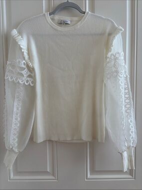 Long Sleeve Sweater White Cream with Sheer Sleeves M